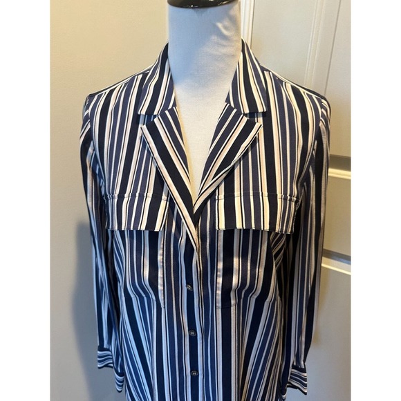 NWOT Lafayette 148 Navy Multi Color Long Sleeve shirt SZ L - Picture 2 of 9